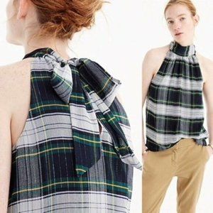 J.Crew Retail STEWART PLAID TIE NECK TOP Green Navy Blue Sleeveless Tartan 4 $89